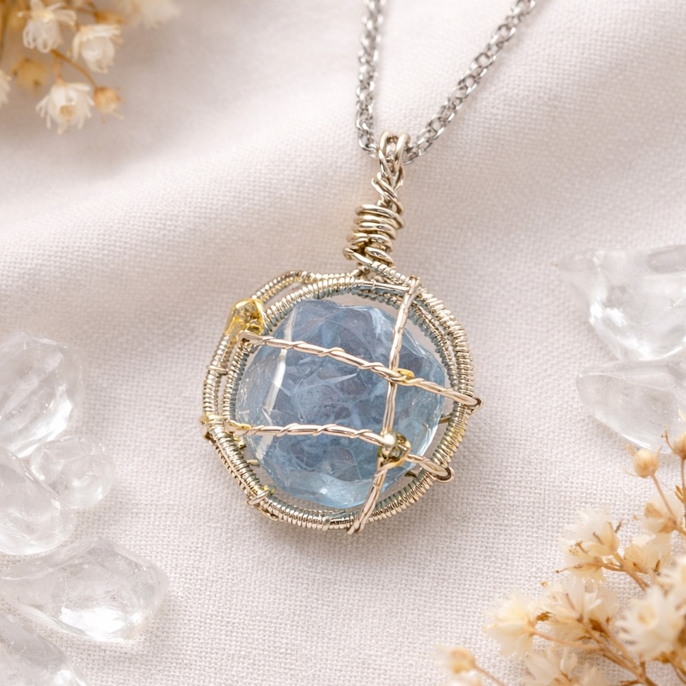 Wire Wrapped Blue Stone Pendant Boho Crystal Mixed Metal